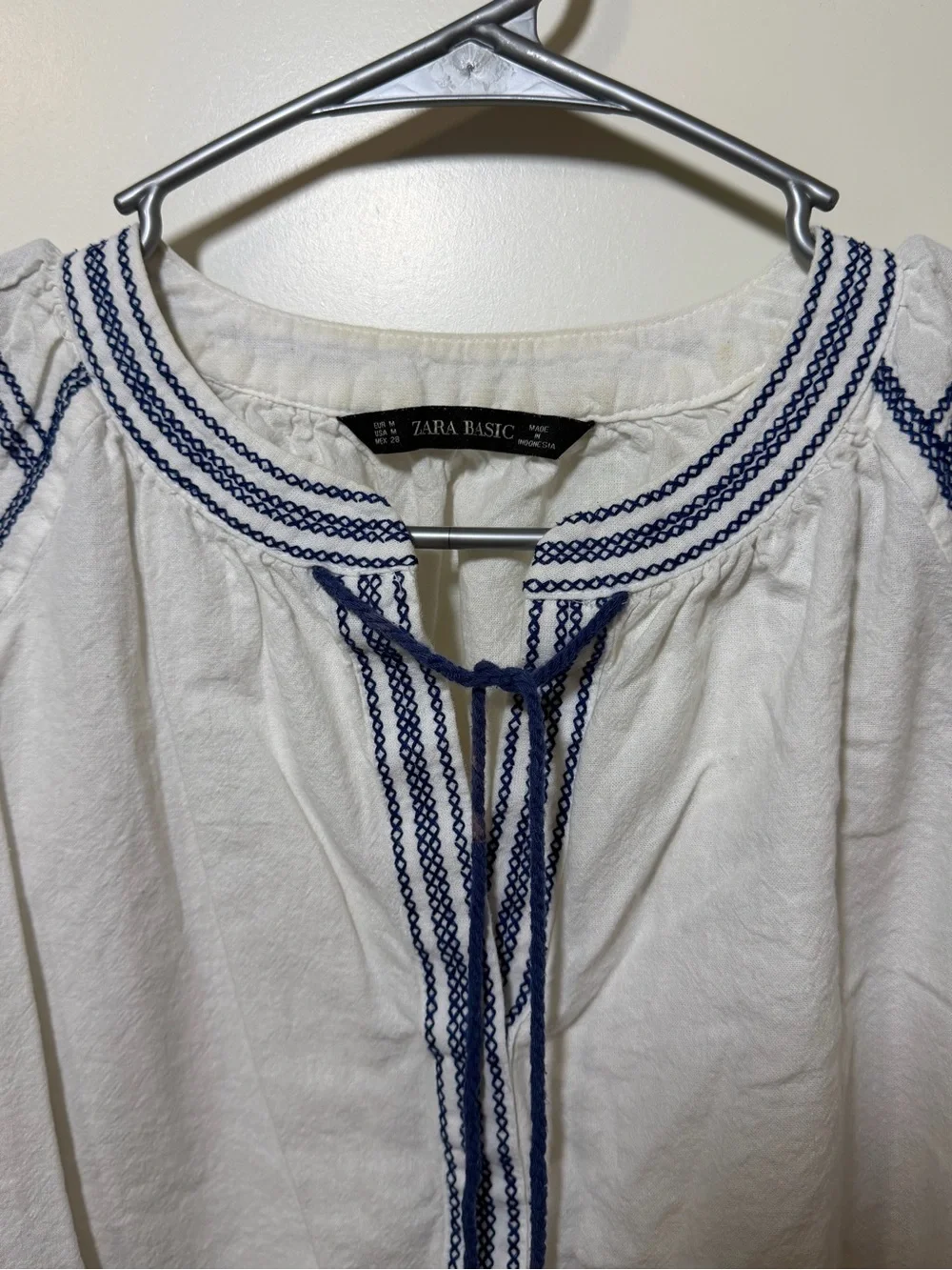 Zara White Peasant Blouse with Navy Trim